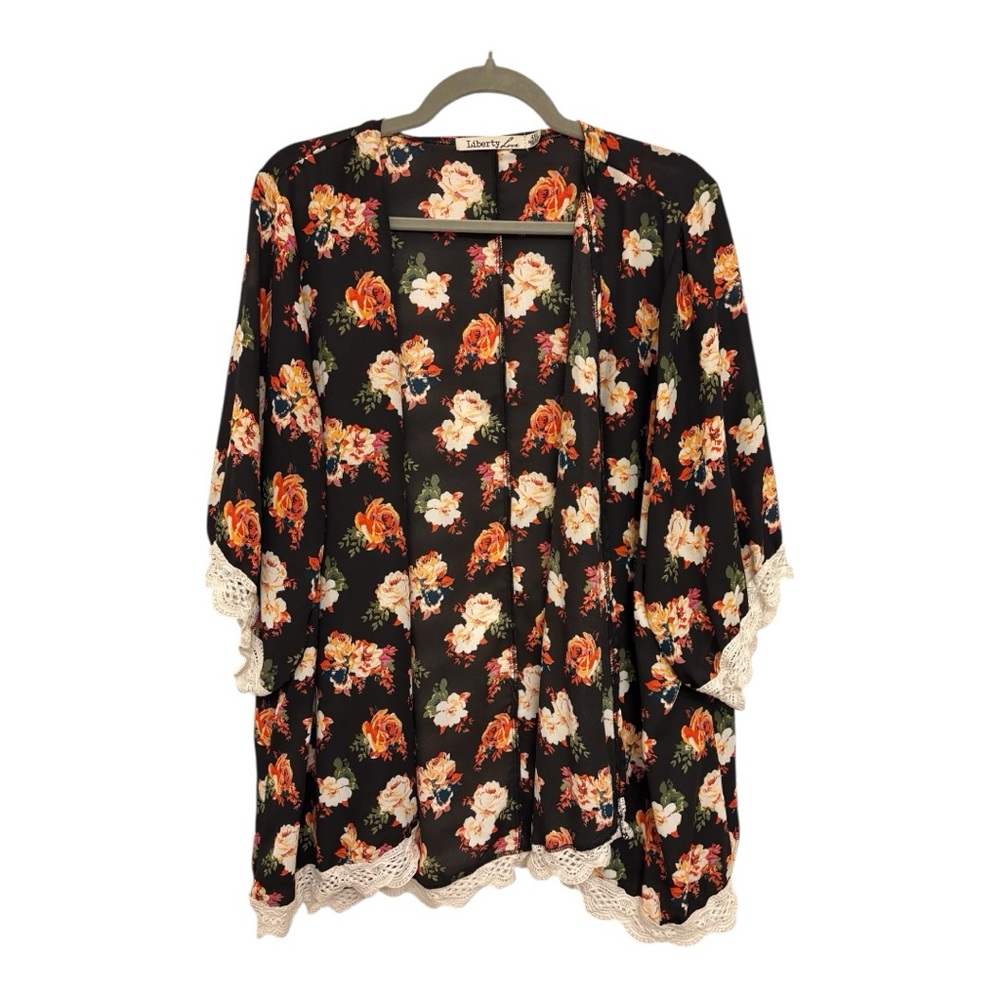 Liberty Love Floral Sheer Kimono Lace Trim Romantic Boho Open Front Top 2XL
